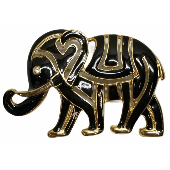 Elephant Brooch Pin Black Enamel Gold Color Figural Alloy Tribal Costume Jewelry - Picture 1 of 8